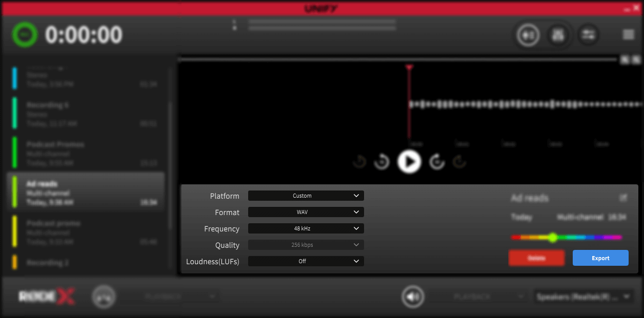 UNIFY recording export settings